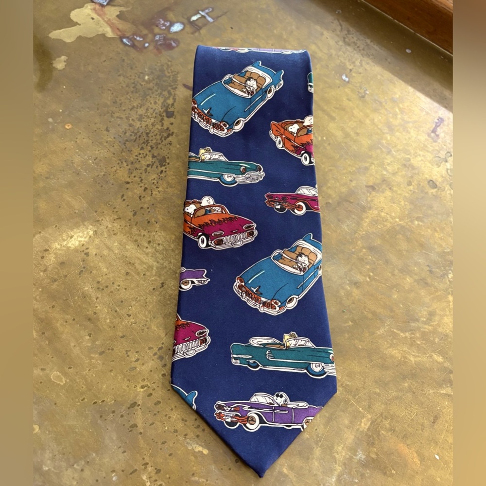 Vintage Peanuts‎ Snoopy Cool Wheels Navy Classic Cars Silk Neck Tie Made in USA